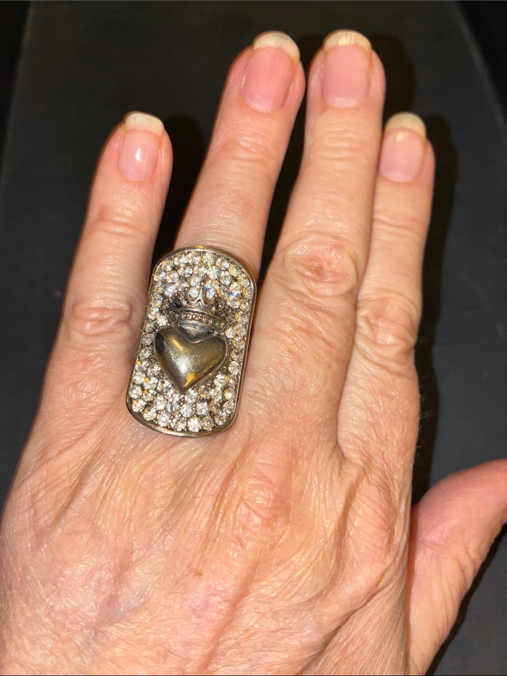 Crystal Pavé Heart Stretch Ring with Crown Accent - Gold Tone